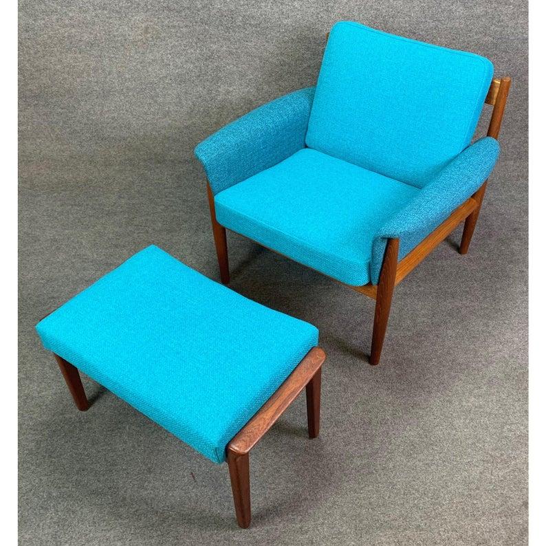 Here is a beautiful 1960s Scandinavian Modern easy chair and ottoman set in teak recently imported from Copenhagen to California.
This set includes:

1- A rare version of the famous Grete Jalk lounge chair with upholstered armrests. This