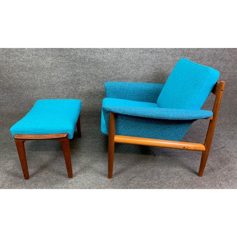 Scandinavian Modern Vintage Danish Modern Teak Lounge Chair and Ottoman Set by Grete Jalk For Sale