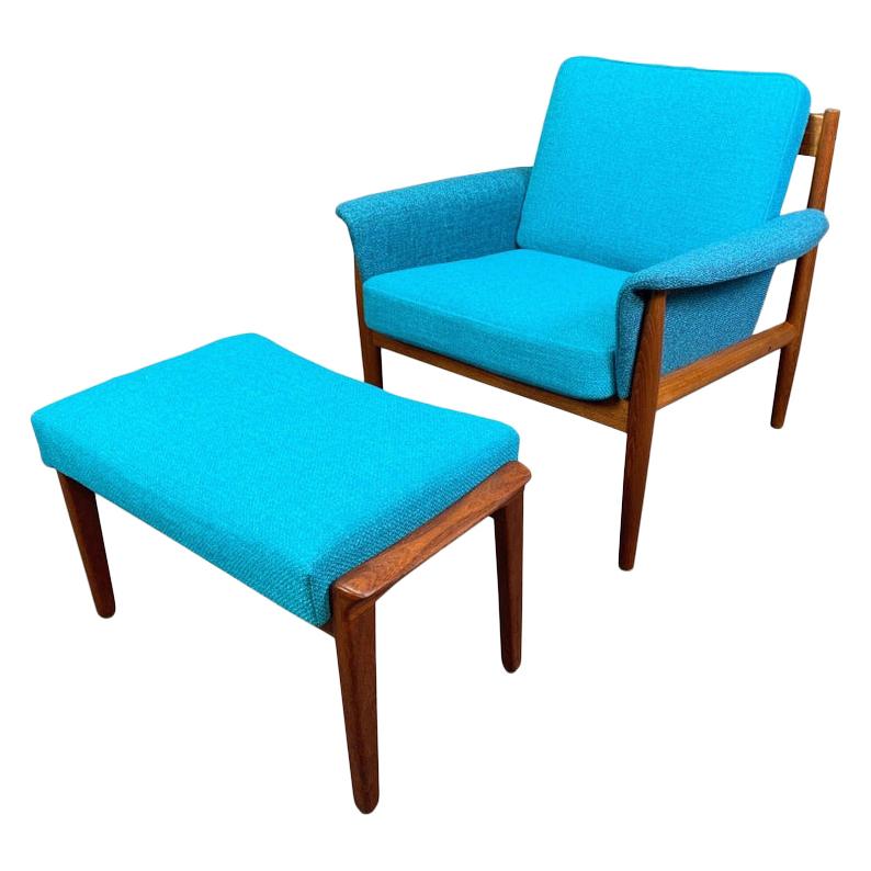 Vintage Danish Modern Teak Lounge Chair and Ottoman Set by Grete Jalk For Sale