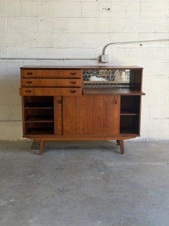 Vintage Danish Modern Teak Secretary Sideboard Cabinet with Drop Front Bar 1960s
