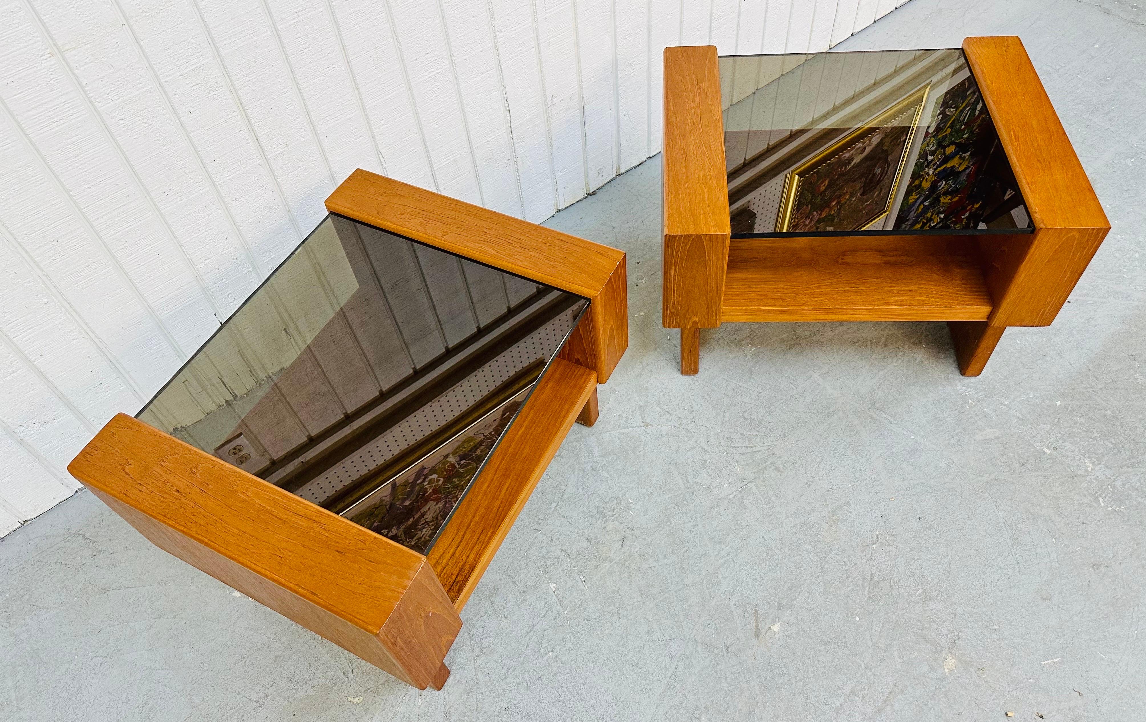Vintage Danish Modern Teak Smoked Glass Side Tables In Good Condition In Clarksboro, NJ