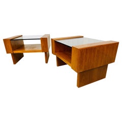 Vintage Danish Modern Teak Smoked Glass Side Tables