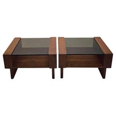 Vintage Danish Modern Teak Smoked Glass Side Tables - Set of 2