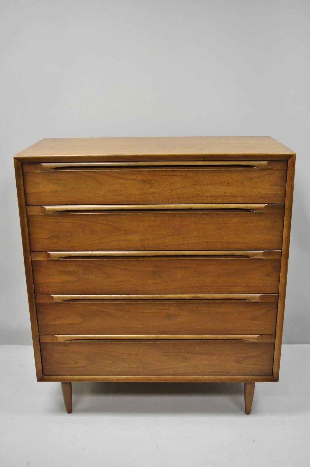 Vintage Danish Modern Walnut Tall Chest of Drawers Dresser Sculpted Pull 6