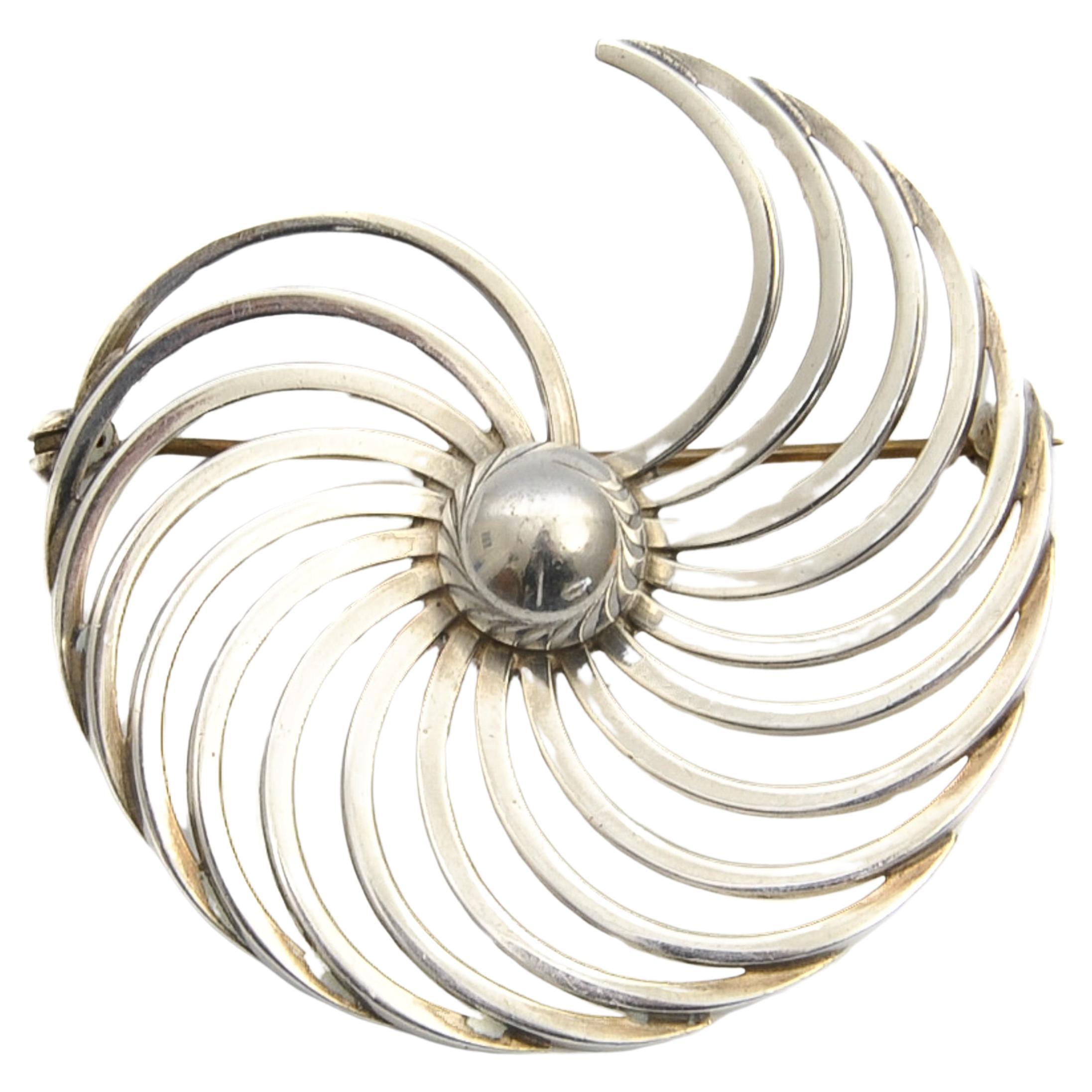 Vintage Danish Modernist Silver Swirl Lapel Pin Brooch For Sale