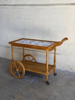 Vintage Danish Oak Bar Cart Tea Trolley with Blue & White Tile Top