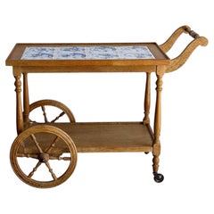 Vintage Danish Oak Bar Cart Tea Trolley with Blue & White Tile Top