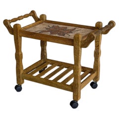 Vintage Danish Oak Bar Cart Tea Trolley with Ceramic Tile Top Mid Century Modern