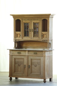Vintage Danish Oak Buffet Cabinet with Crystal Glass Doors, Farmhouse, 1850s