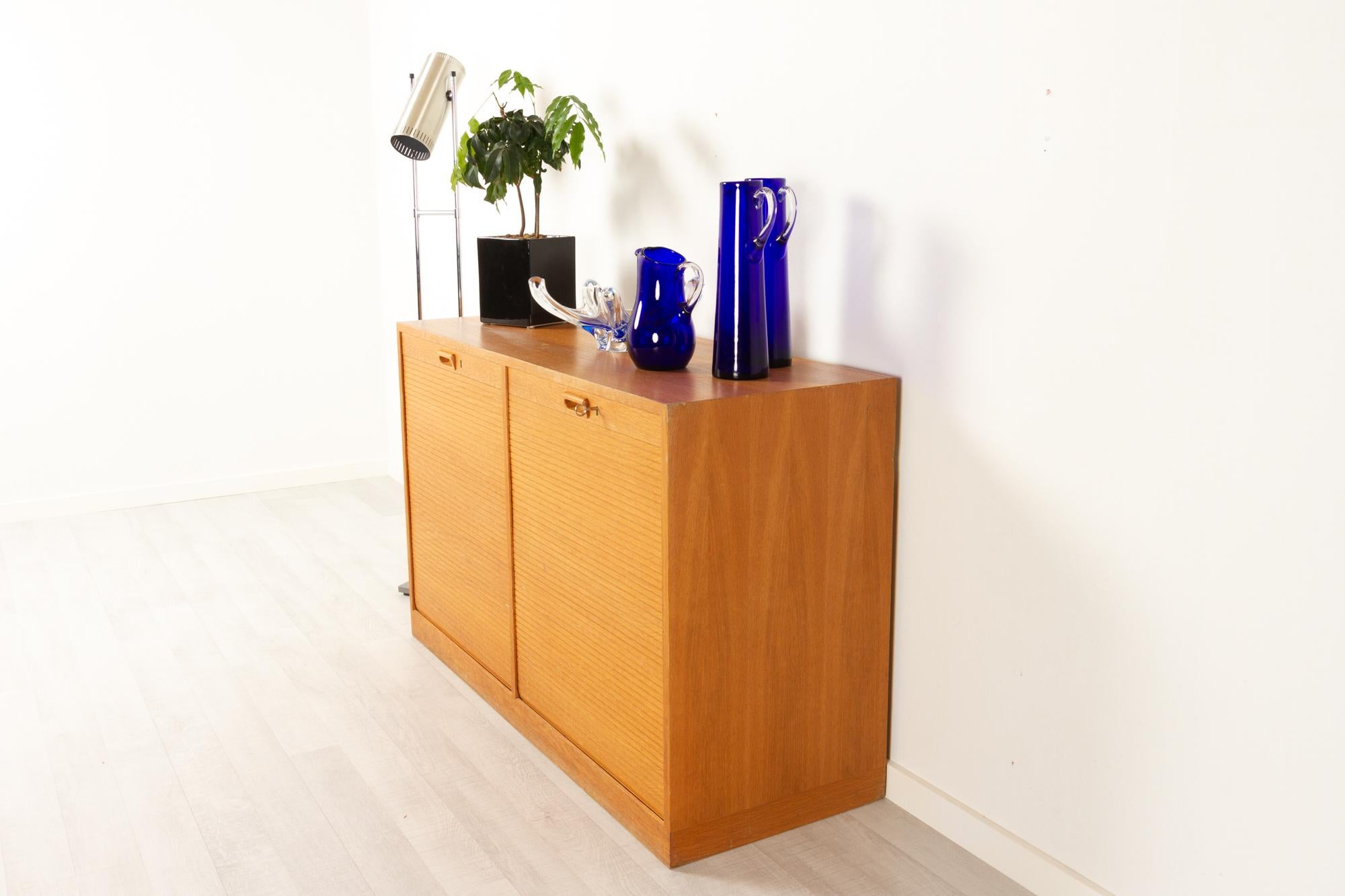 Vintage Danish Oak Cabinet with Tambour Doors, 1950s 15