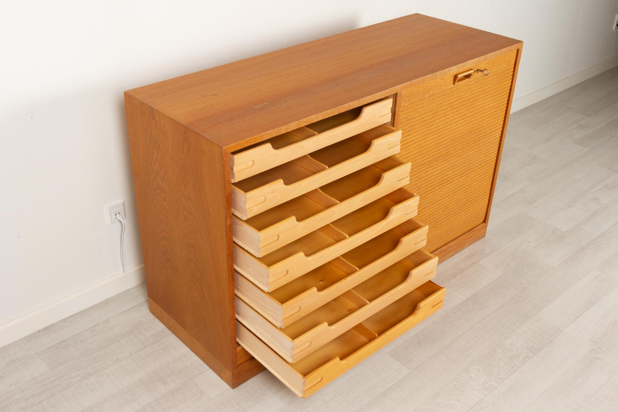 Vintage Danish Oak Cabinet with Tambour Doors, 1950s 1