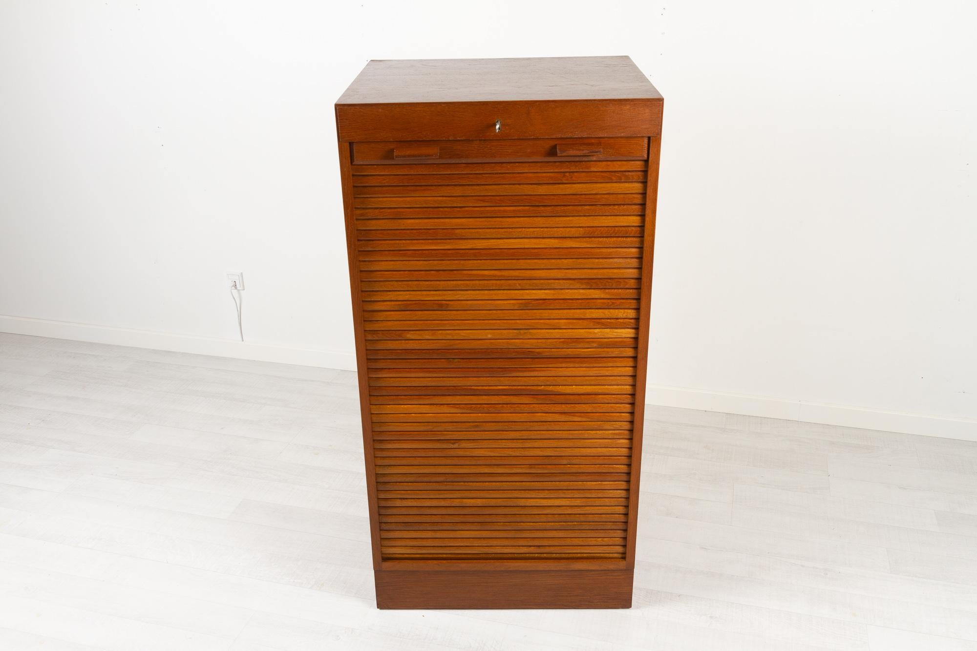Mid-Century Modern Vintage Danish Oak Cabinet with Tambour Front, 1950s