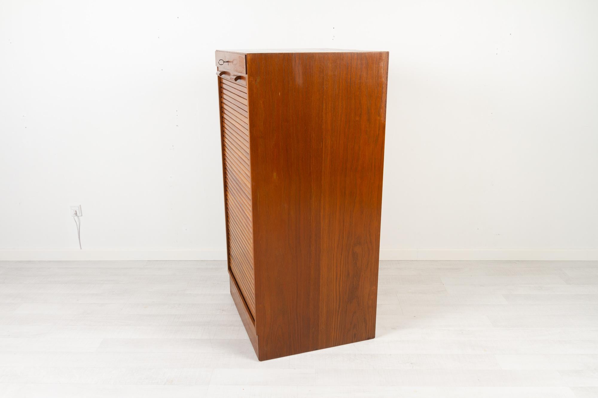 Stained Vintage Danish Oak Cabinet with Tambour Front, 1950s
