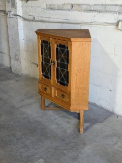 Vintage Danish Oak Corner Cabinet by Henning Kjærnulf Leaded Glass Bar Cabinet