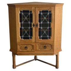 Vintage Danish Oak Corner Cabinet by Henning Kjærnulf Leaded Glass Bar Cabinet