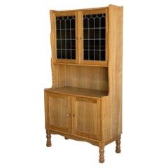 Vintage Danish Oak Hutch Cabinet by Henning Kjærnulf Leaded Glass Bookcase