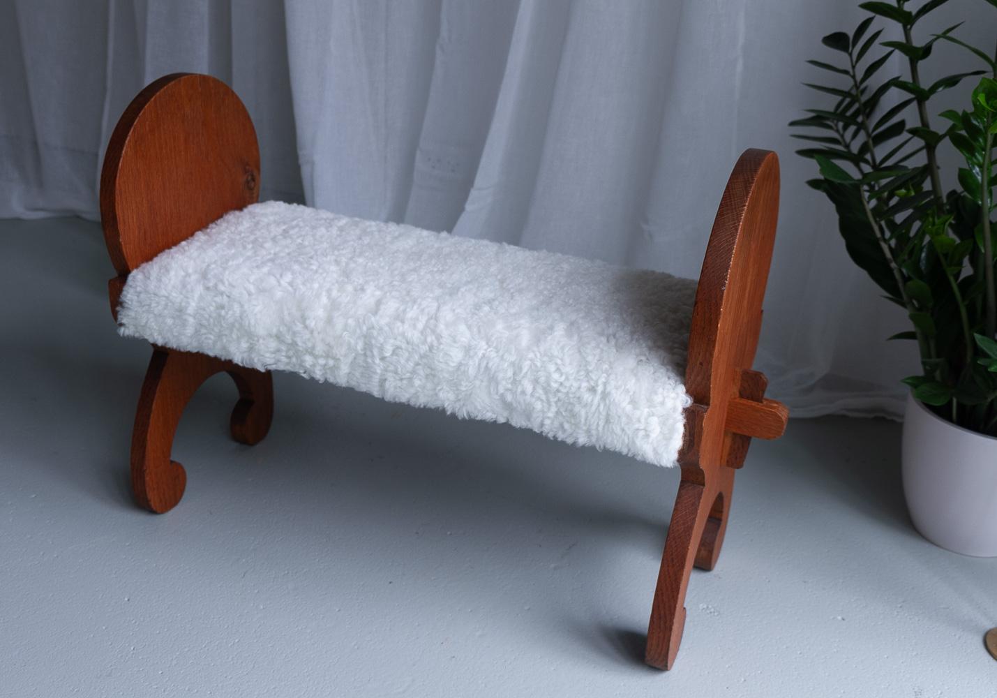 Vintage Danish Oak Stool with Lambskin, ca 1900s 13