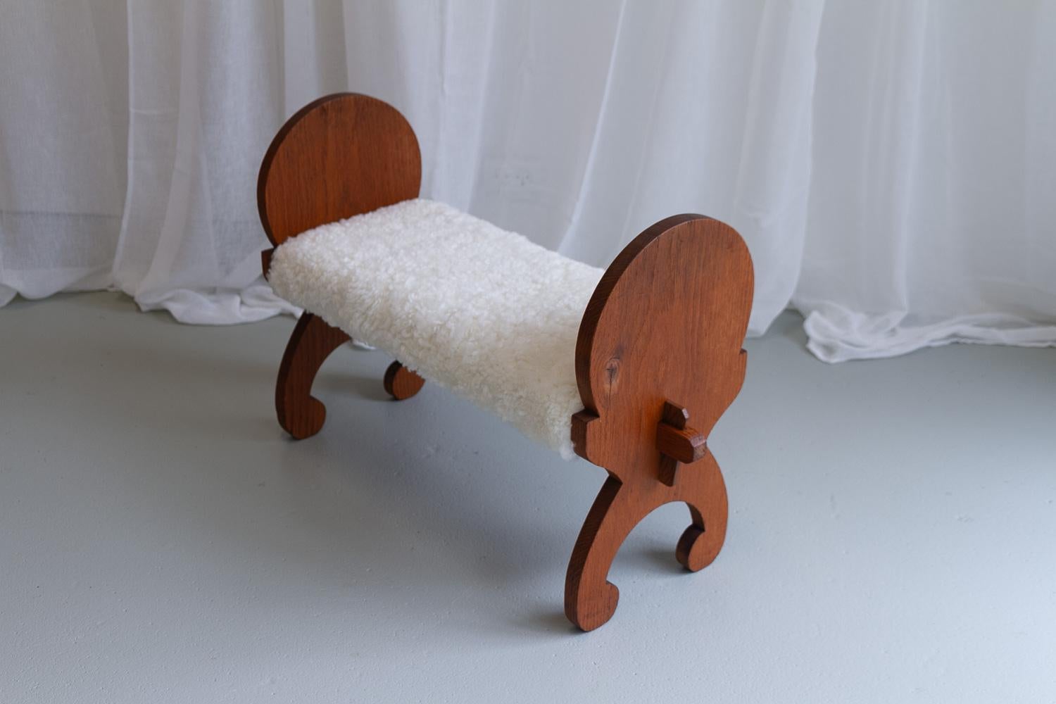 Medieval Vintage Danish Oak Stool with Lambskin, ca 1900s  For Sale