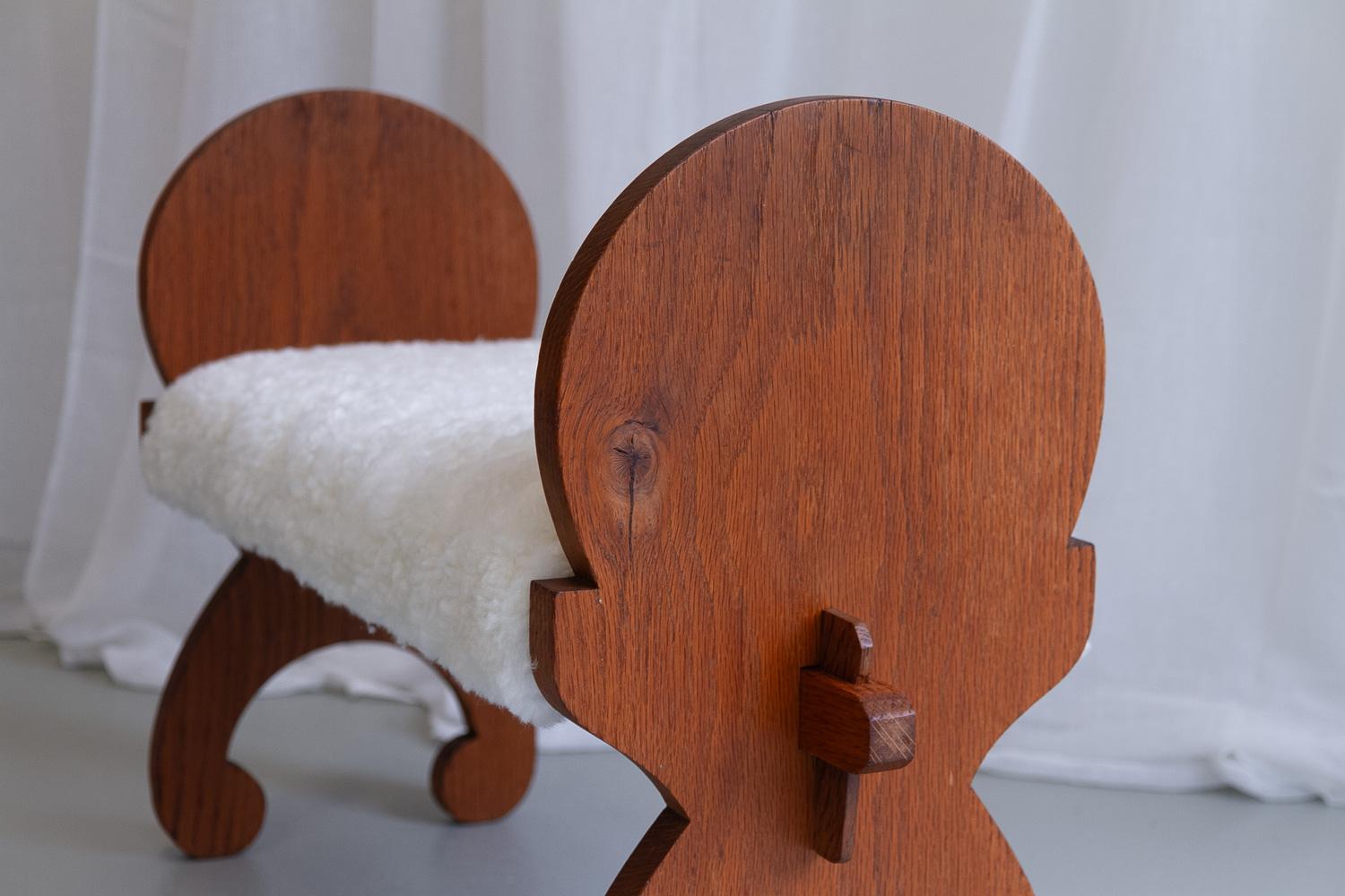 Vintage Danish Oak Stool with Lambskin, ca 1900s  In Good Condition For Sale In Asaa, DK