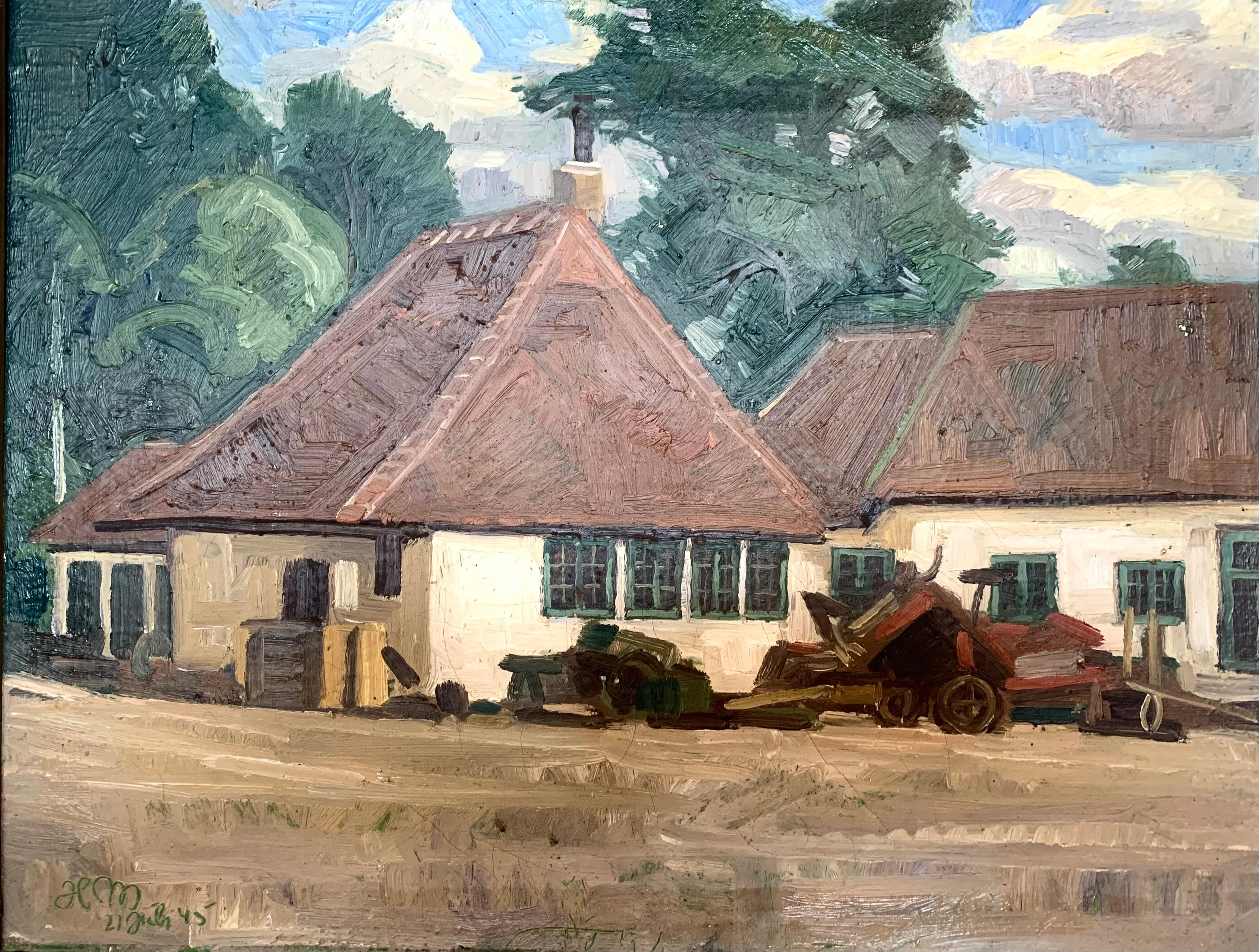 Danish original vintage oil on canvas painting from 1945 by artist Herman Madsen (1898-1979). The motive is countryside buildings with farming machinery in front. The painting is kept in earthly but clear colours - the red-brown roofs are contrasted