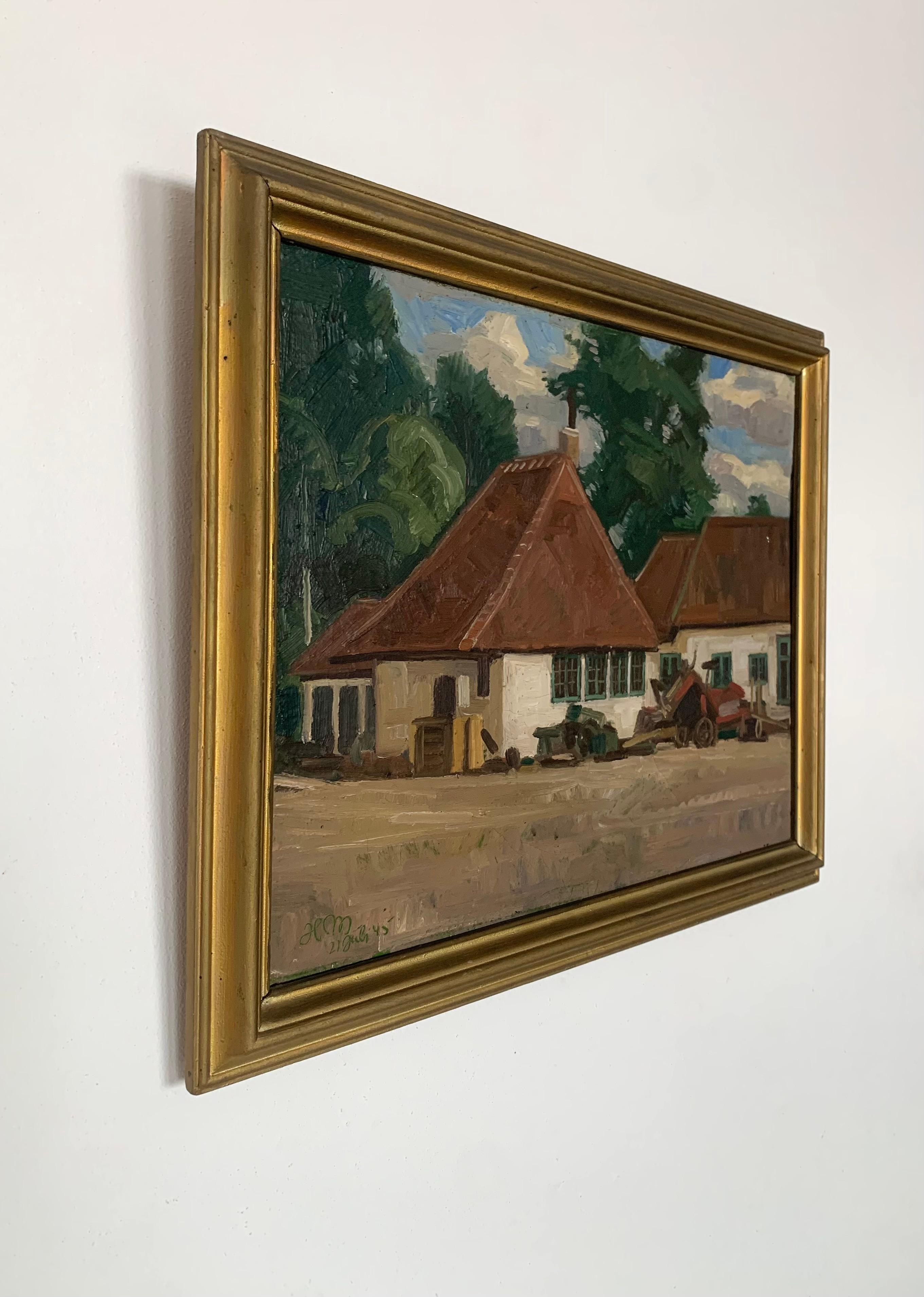 Mid-Century moderno Quadro danese d'epoca a olio su tela raffigurante una fattoria di Herman Madsen (1898-1979) in vendita