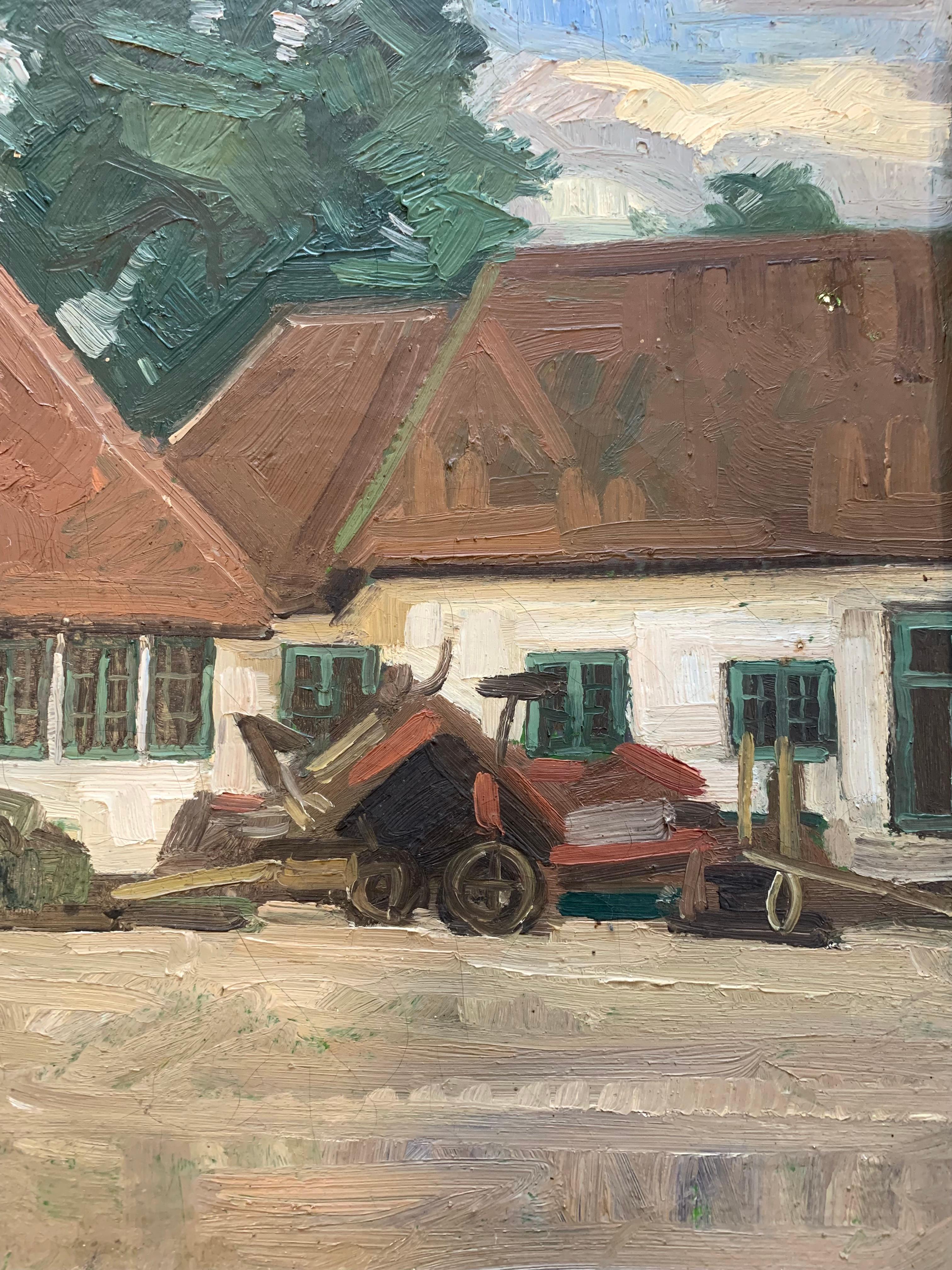 Danese Quadro danese d'epoca a olio su tela raffigurante una fattoria di Herman Madsen (1898-1979) in vendita