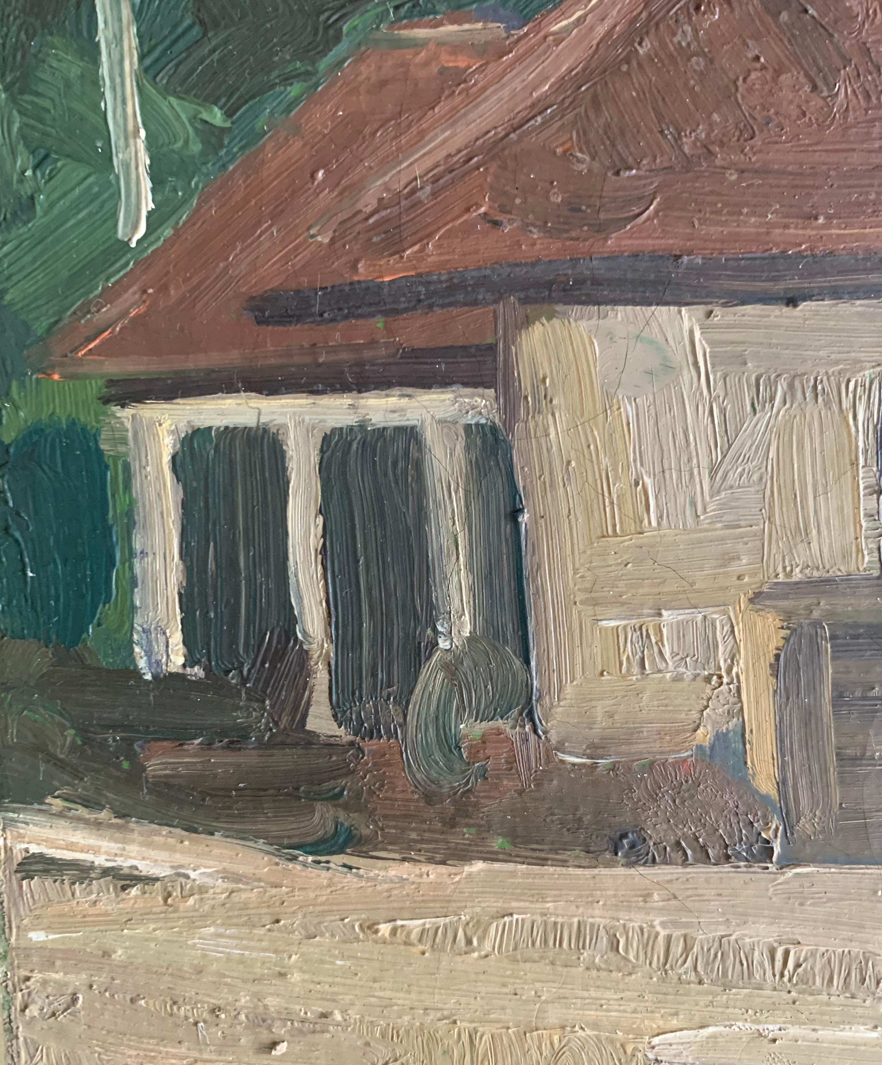 Dipinto a mano Quadro danese d'epoca a olio su tela raffigurante una fattoria di Herman Madsen (1898-1979) in vendita