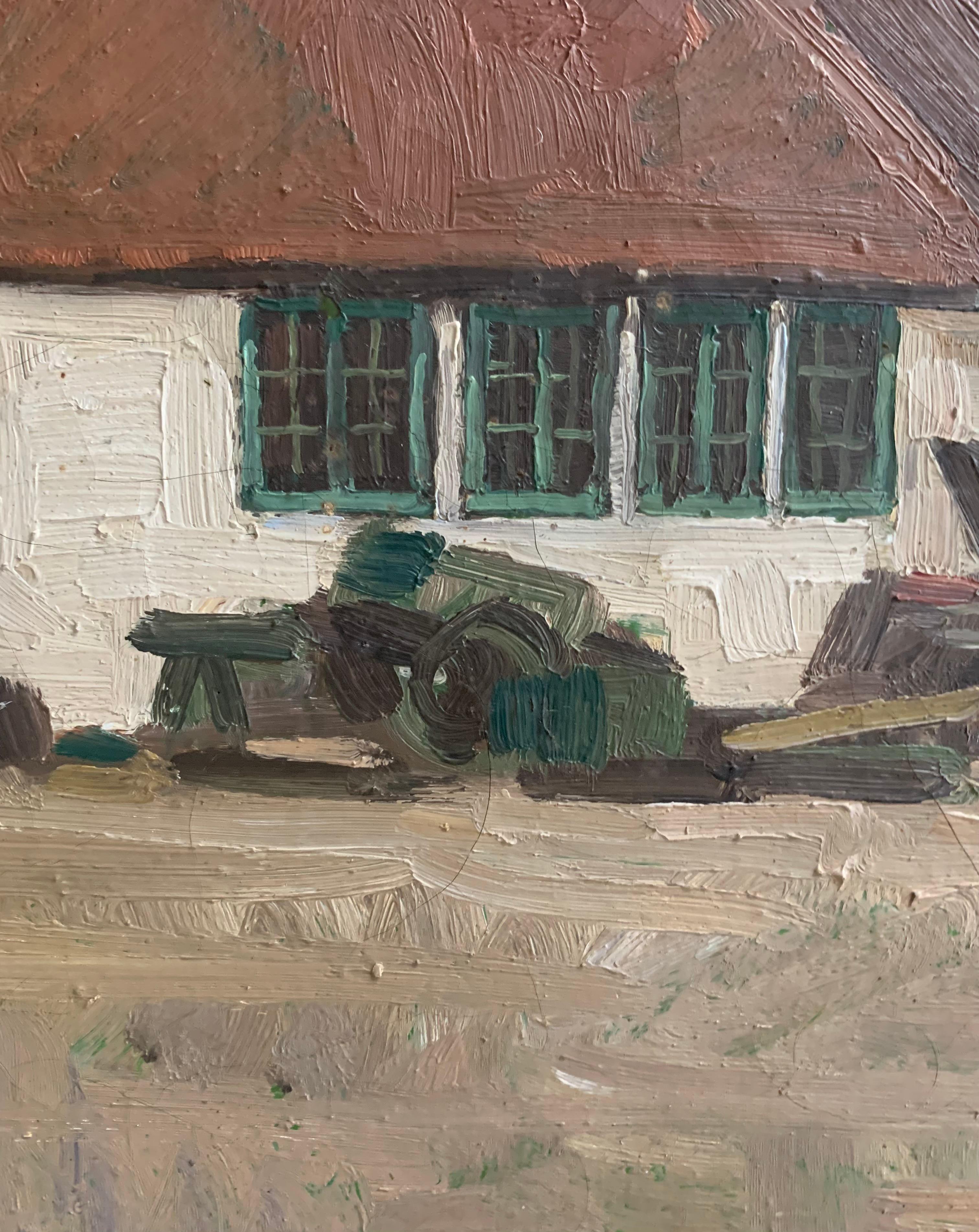 Quadro danese d'epoca a olio su tela raffigurante una fattoria di Herman Madsen (1898-1979) In condizioni buone in vendita a Ebberup, DK