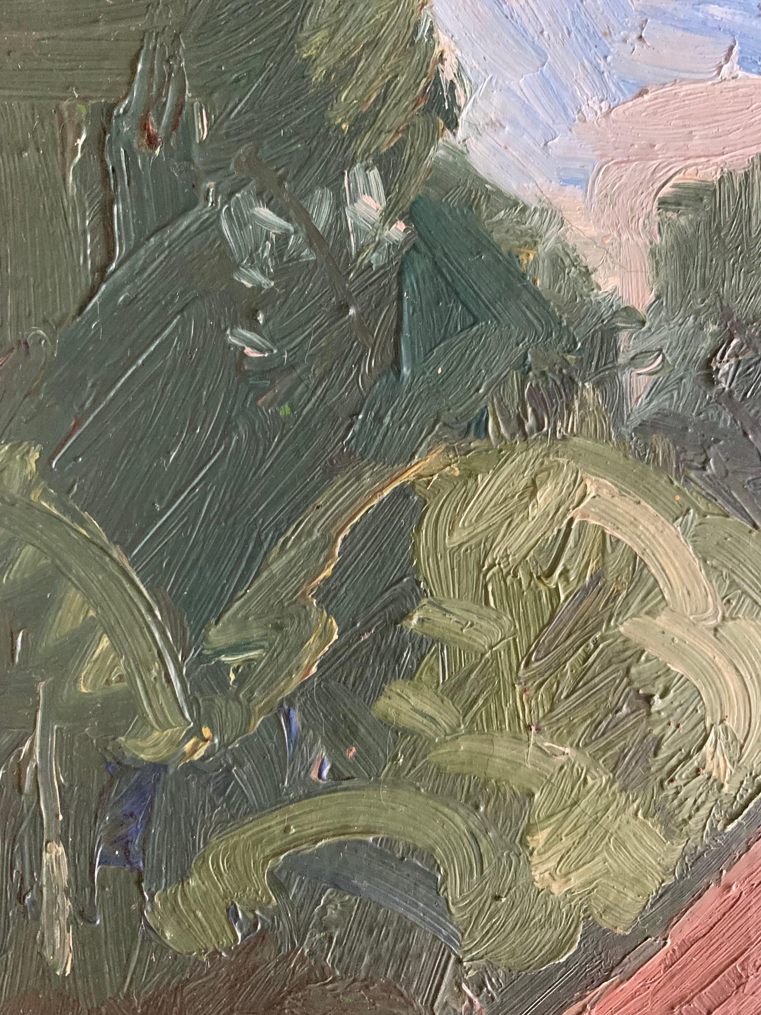 XX secolo Quadro danese d'epoca a olio su tela raffigurante una fattoria di Herman Madsen (1898-1979) in vendita