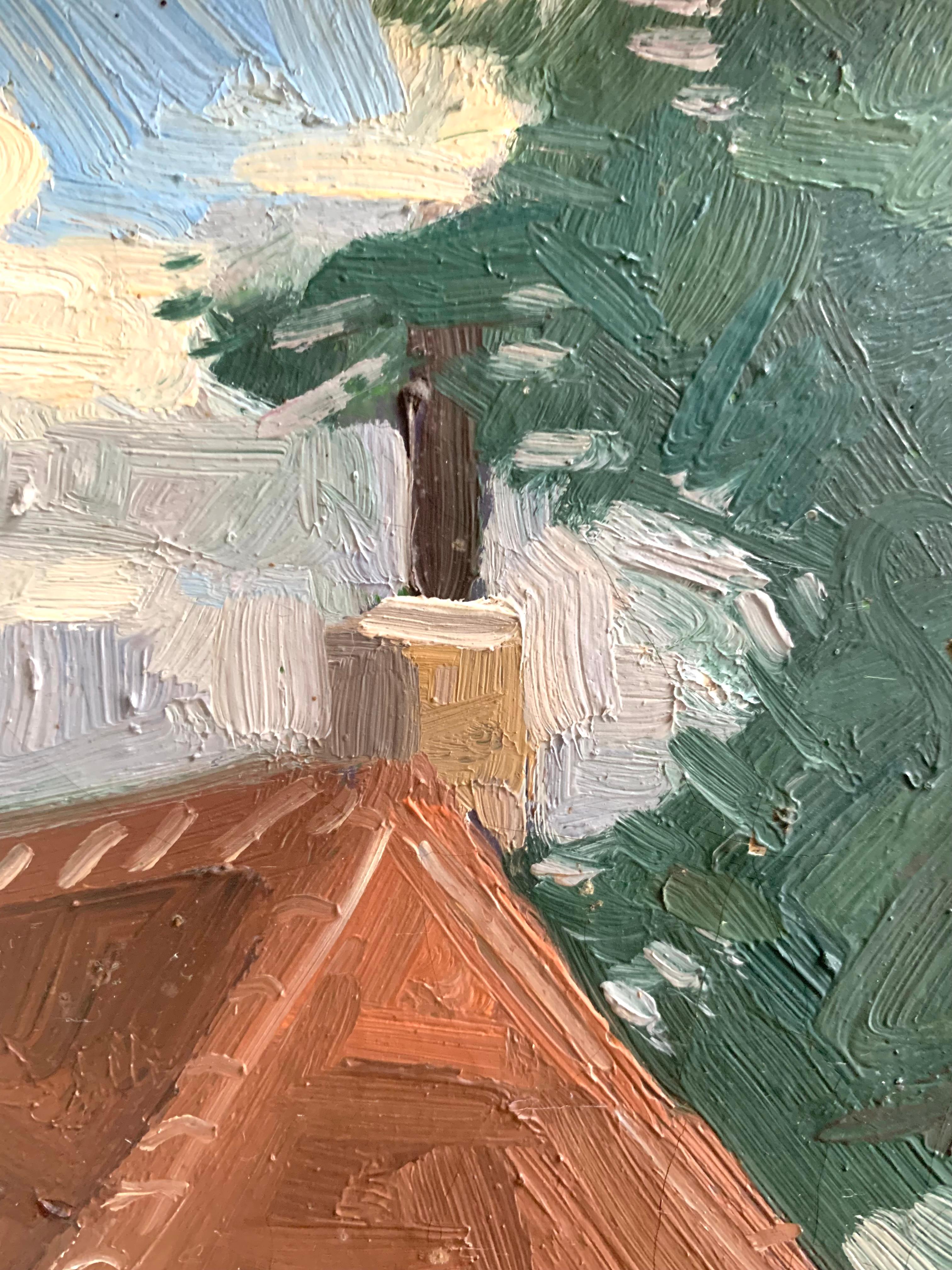 Pittura Quadro danese d'epoca a olio su tela raffigurante una fattoria di Herman Madsen (1898-1979) in vendita