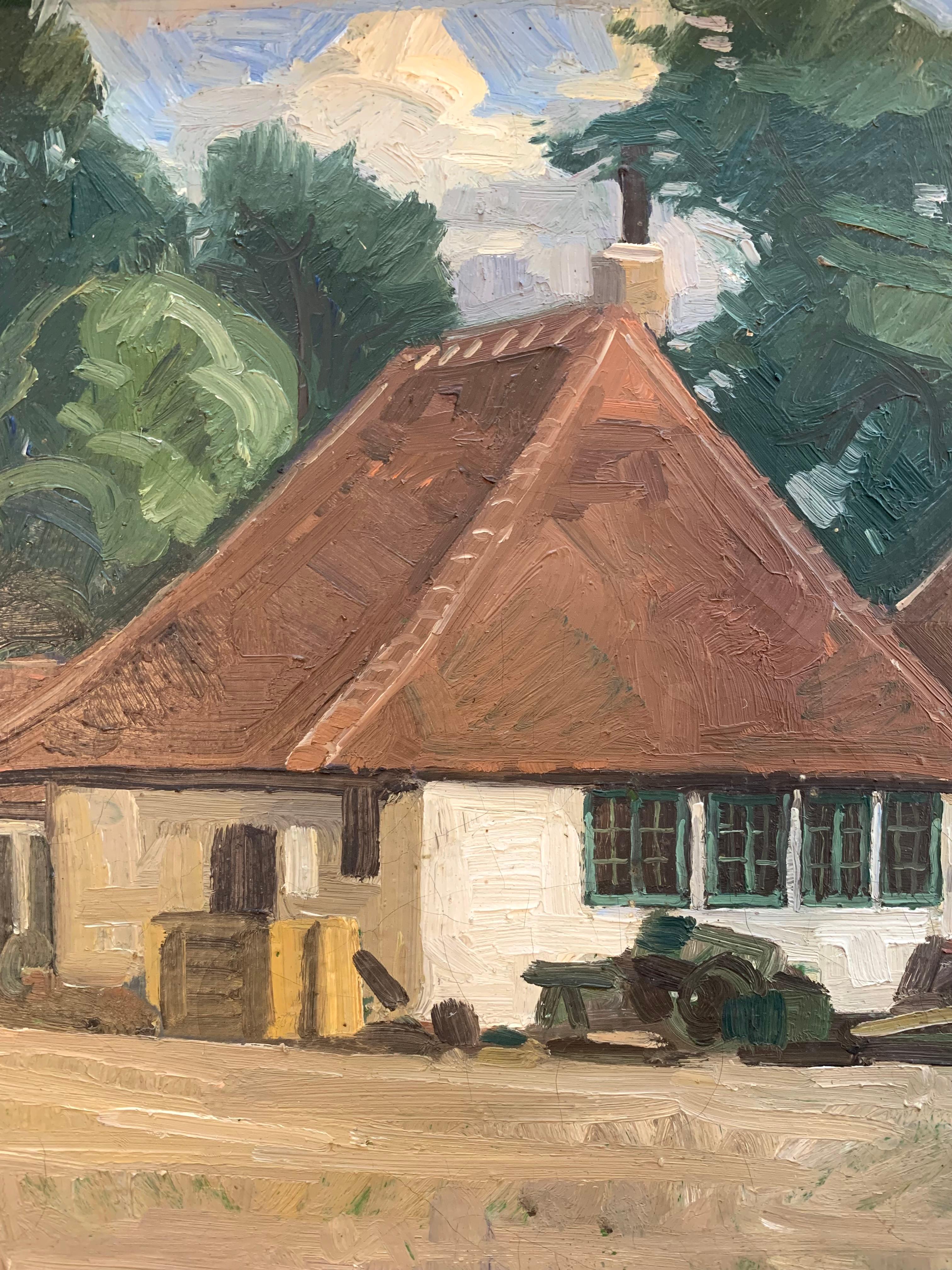 Quadro danese d'epoca a olio su tela raffigurante una fattoria di Herman Madsen (1898-1979) in vendita 1