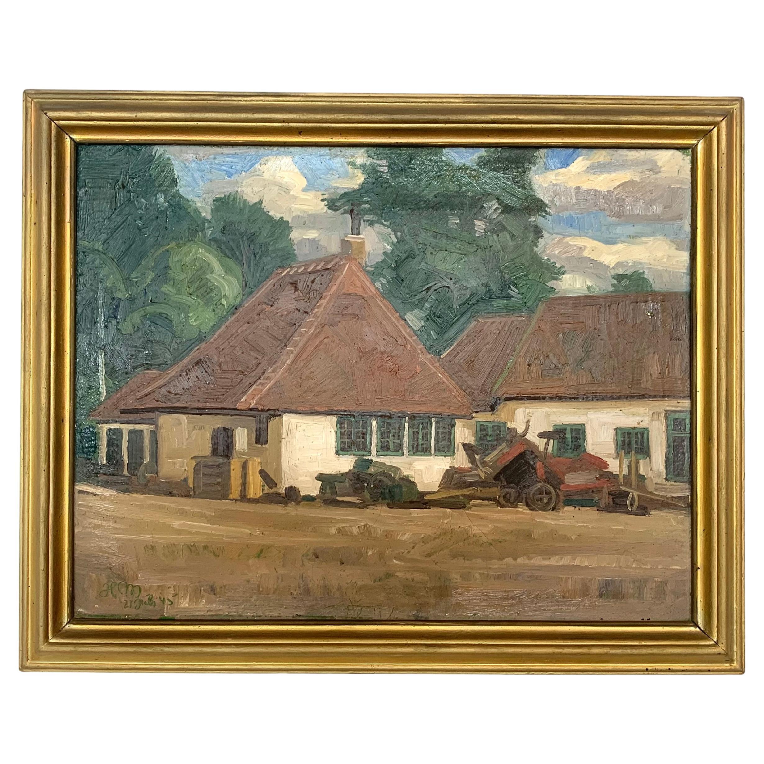Vintage Danish oil on canvas painting of farmhouse by Herman Madsen (1898-1979)
