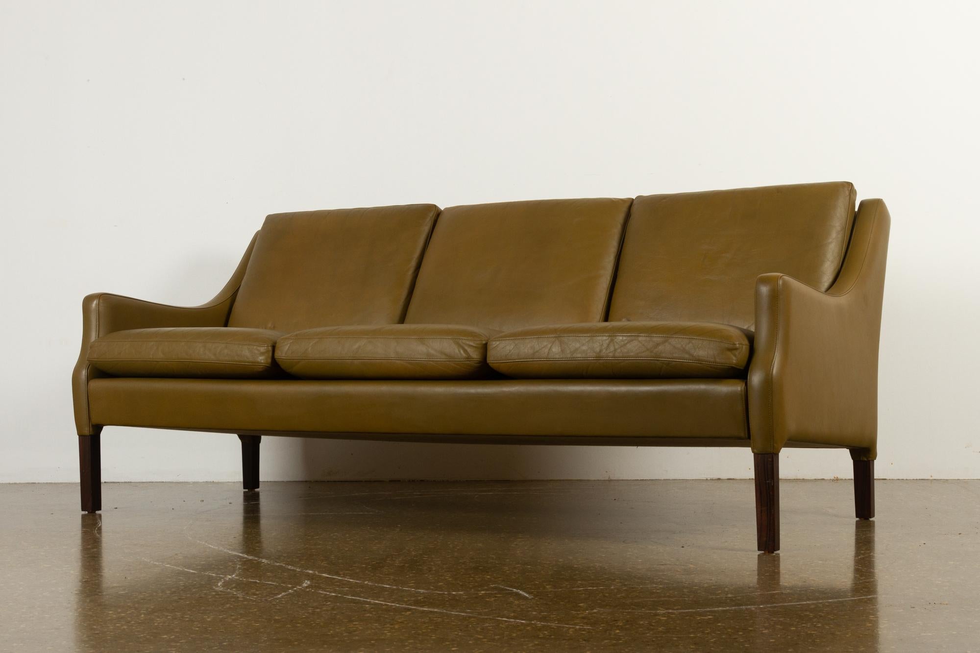 Vintage Danish Olive Green Leather Sofa, 1960s 5