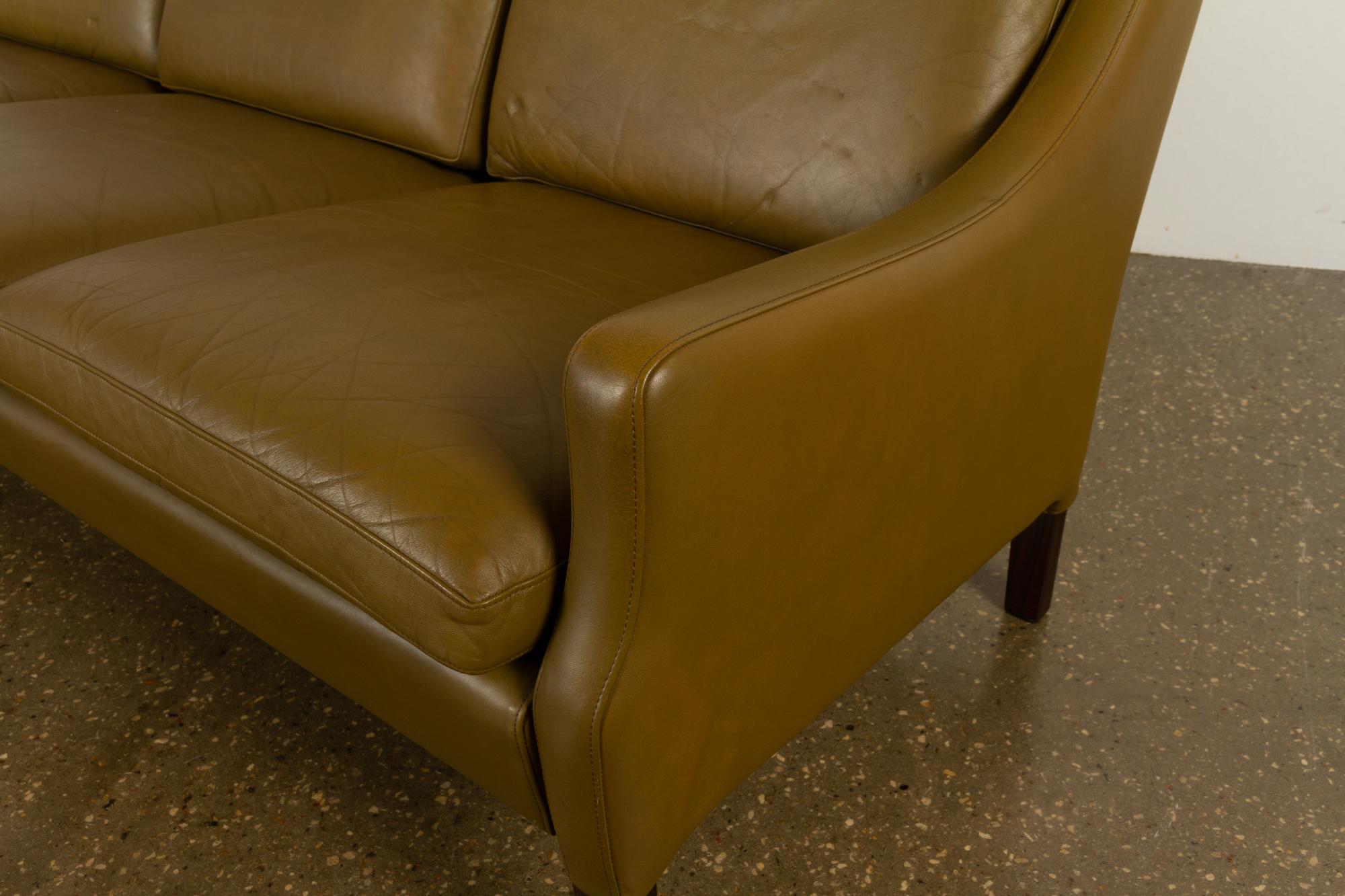 Vintage Danish Olive Green Leather Sofa, 1960s 7