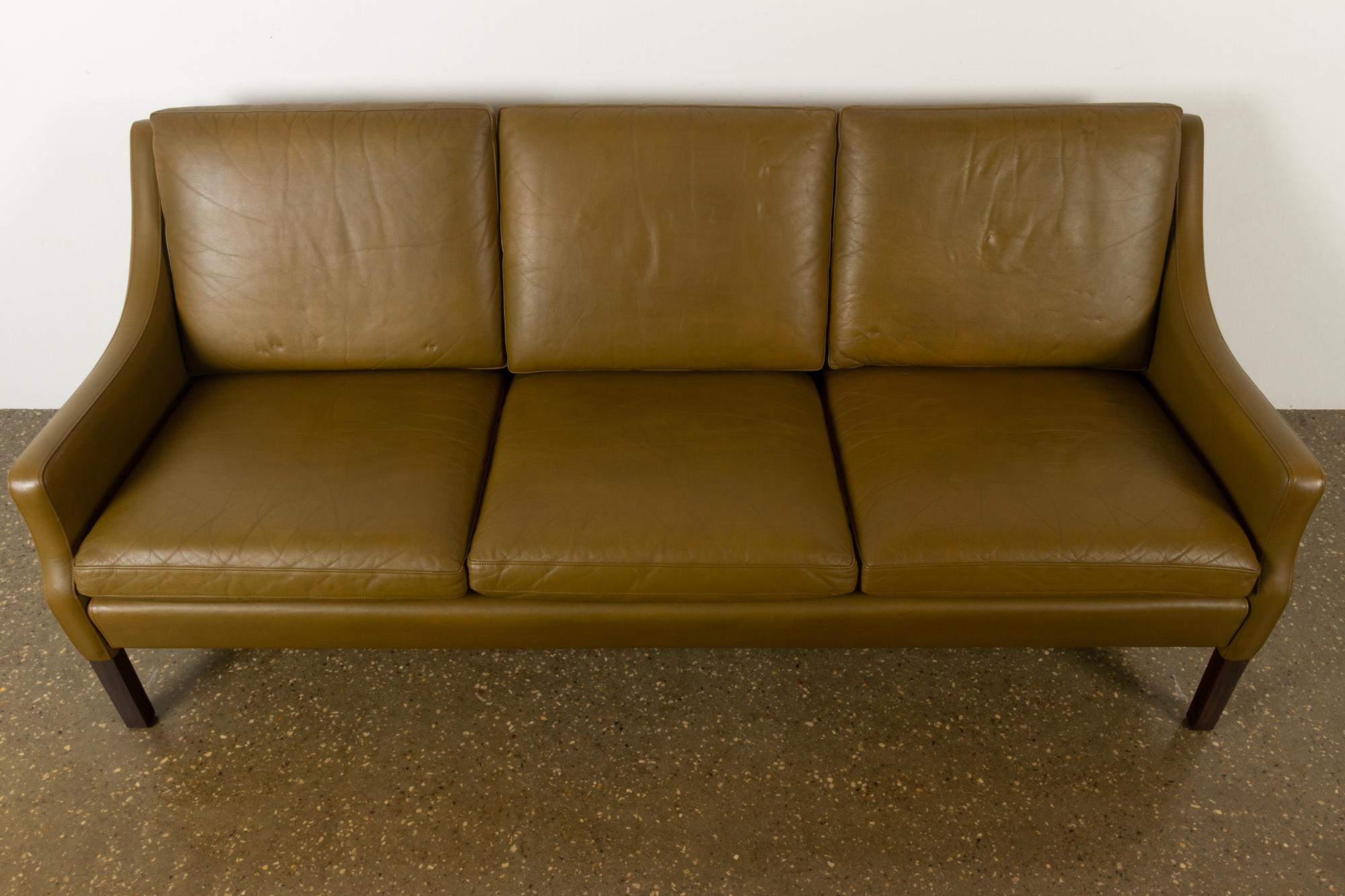 Vintage Danish Olive Green Leather Sofa, 1960s 8