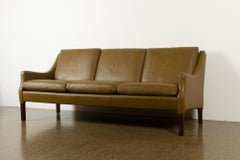 Vintage Danish Olive Green Leather Sofa, 1960s
