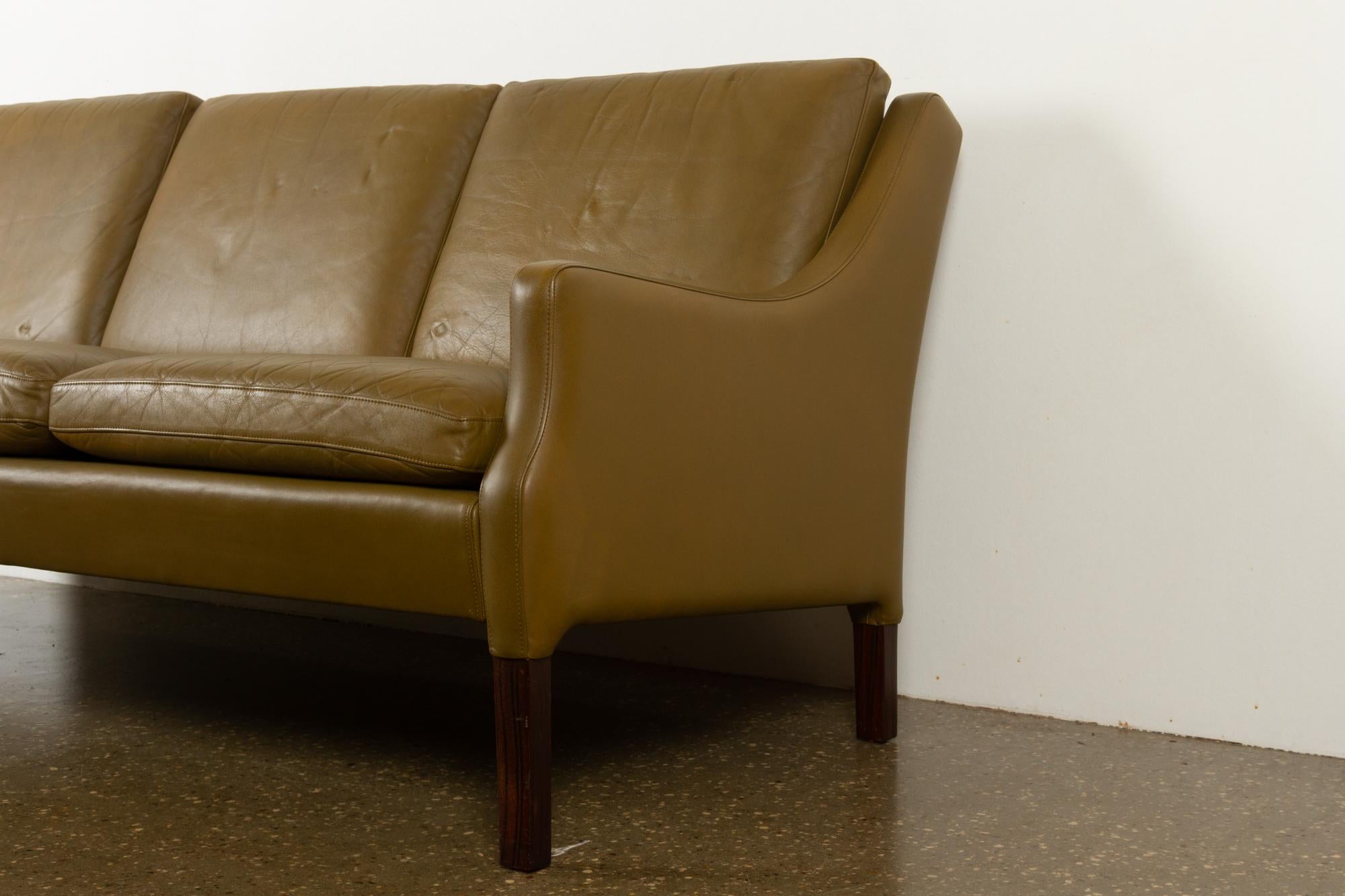 Mid-Century Modern Vintage Danish Olive Green Leather Sofa, 1960s