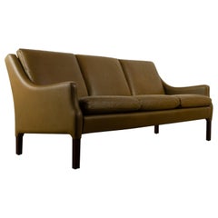Retro Danish Olive Green Leather Sofa, 1960s