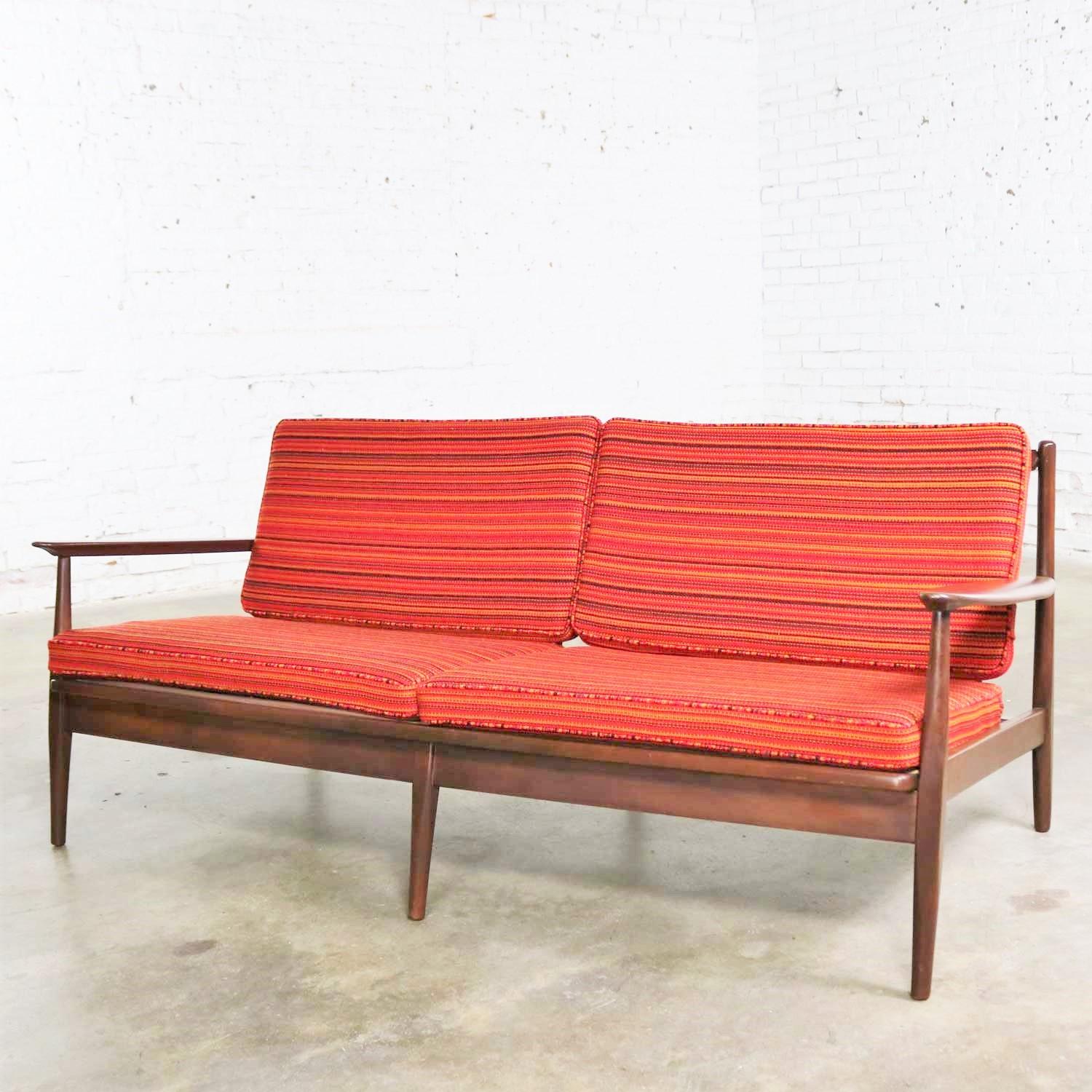 Danish or Scandinavian Modern Loose Cushion Sofa New Red Stripe Upholster In Good Condition In Topeka, KS