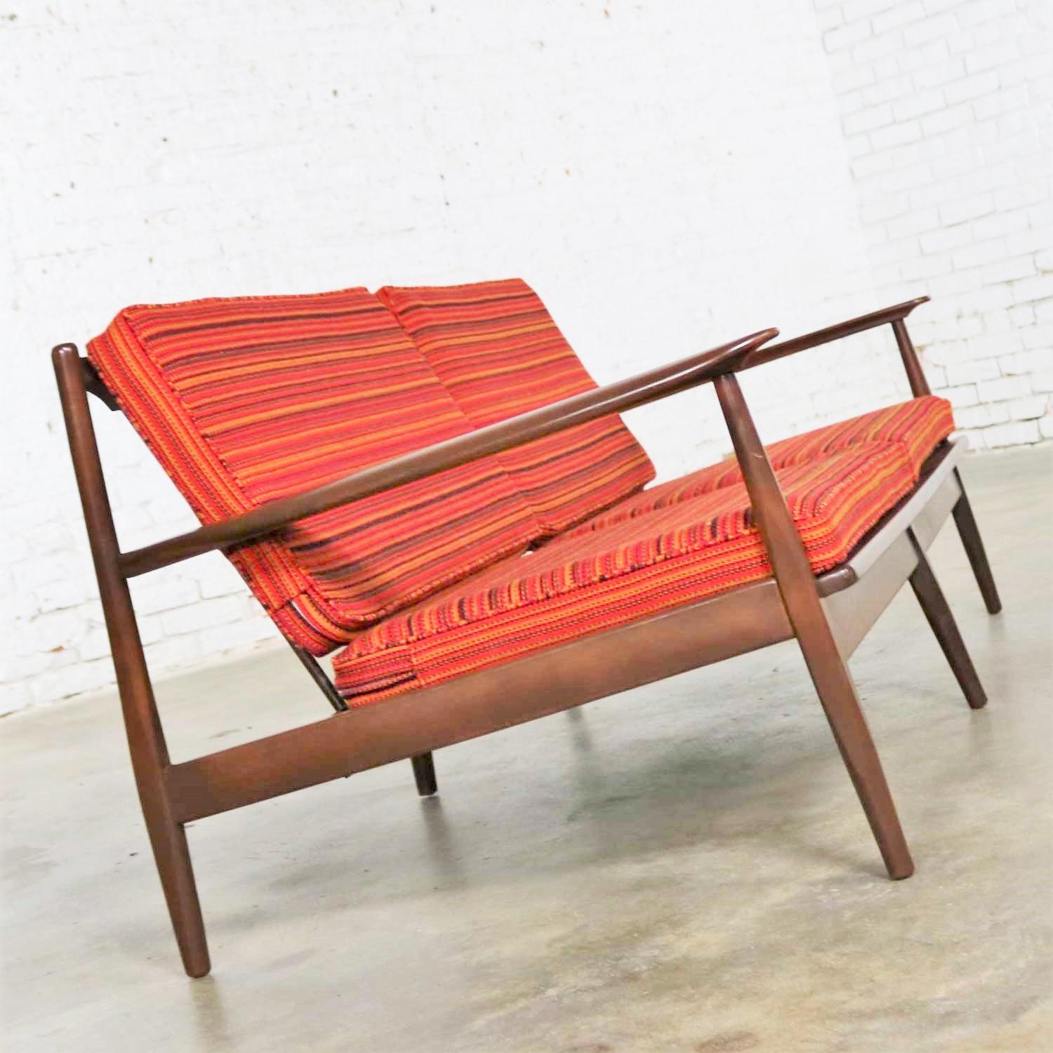 Fabric Danish or Scandinavian Modern Loose Cushion Sofa New Red Stripe Upholster