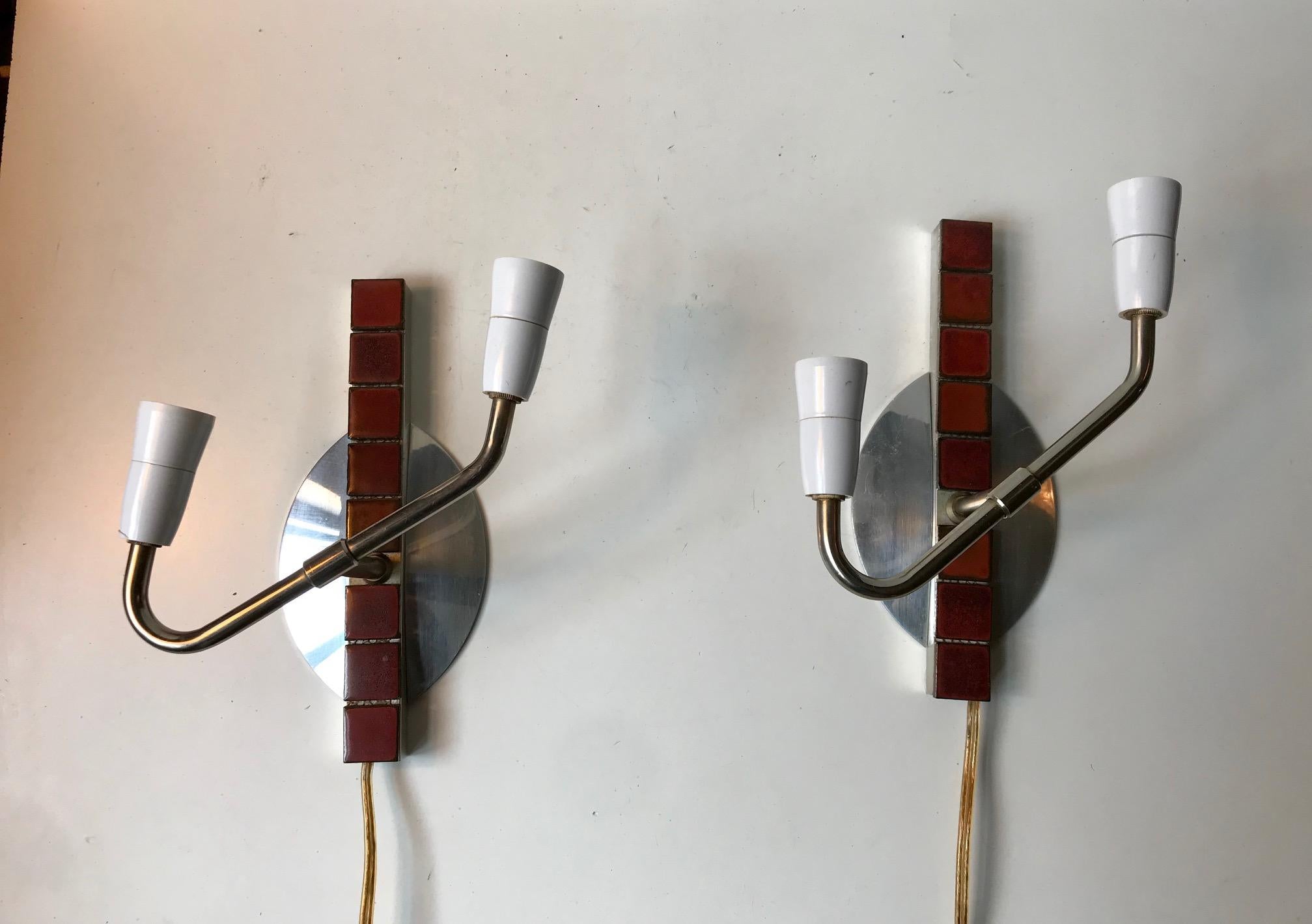 Late 20th Century Vintage Danish Polished Aluminium Dual Sconces with Maroon Tiles, 1970s For Sale