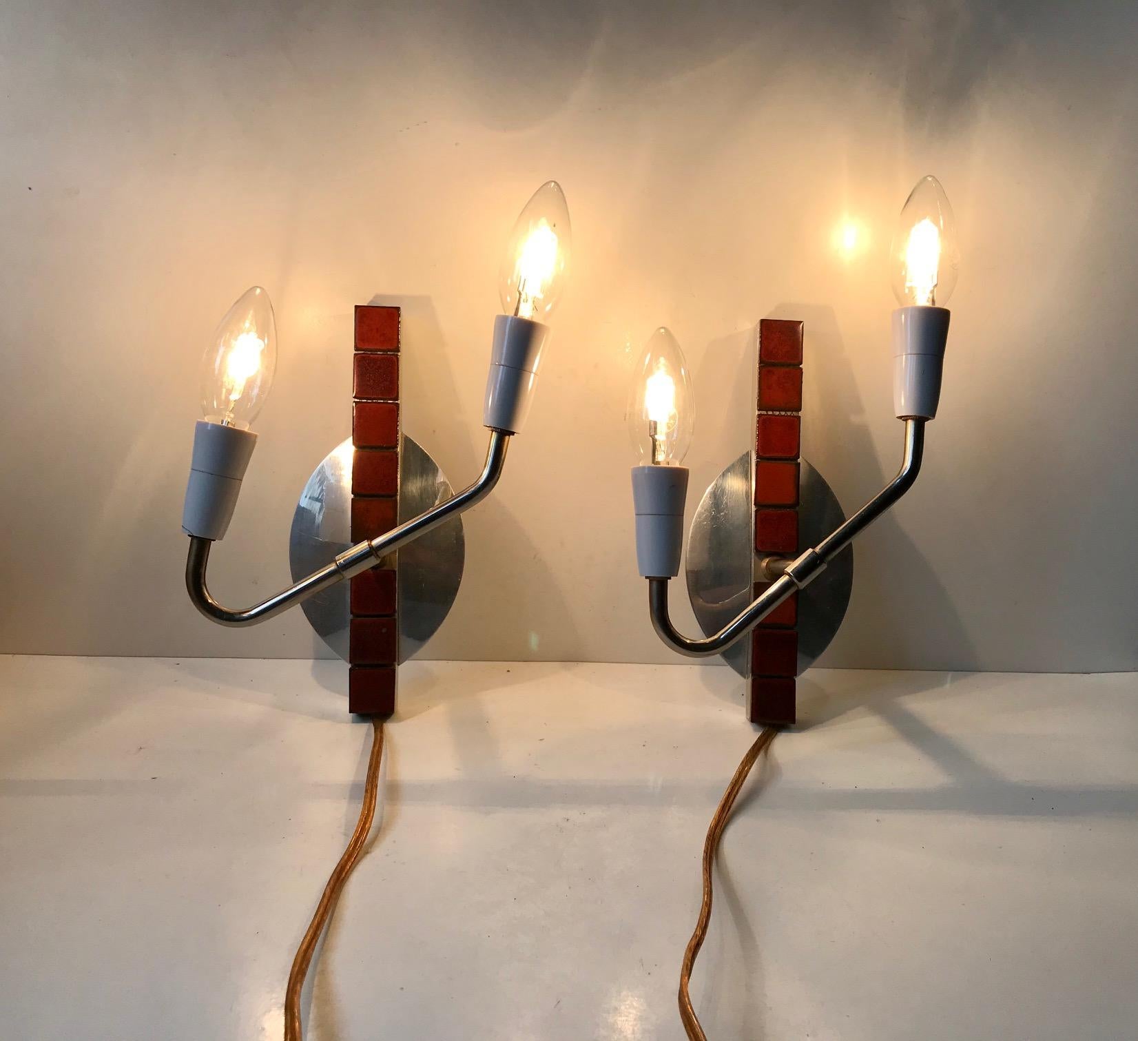 Vintage Danish Polished Aluminium Dual Sconces with Maroon Tiles, 1970s For Sale 1