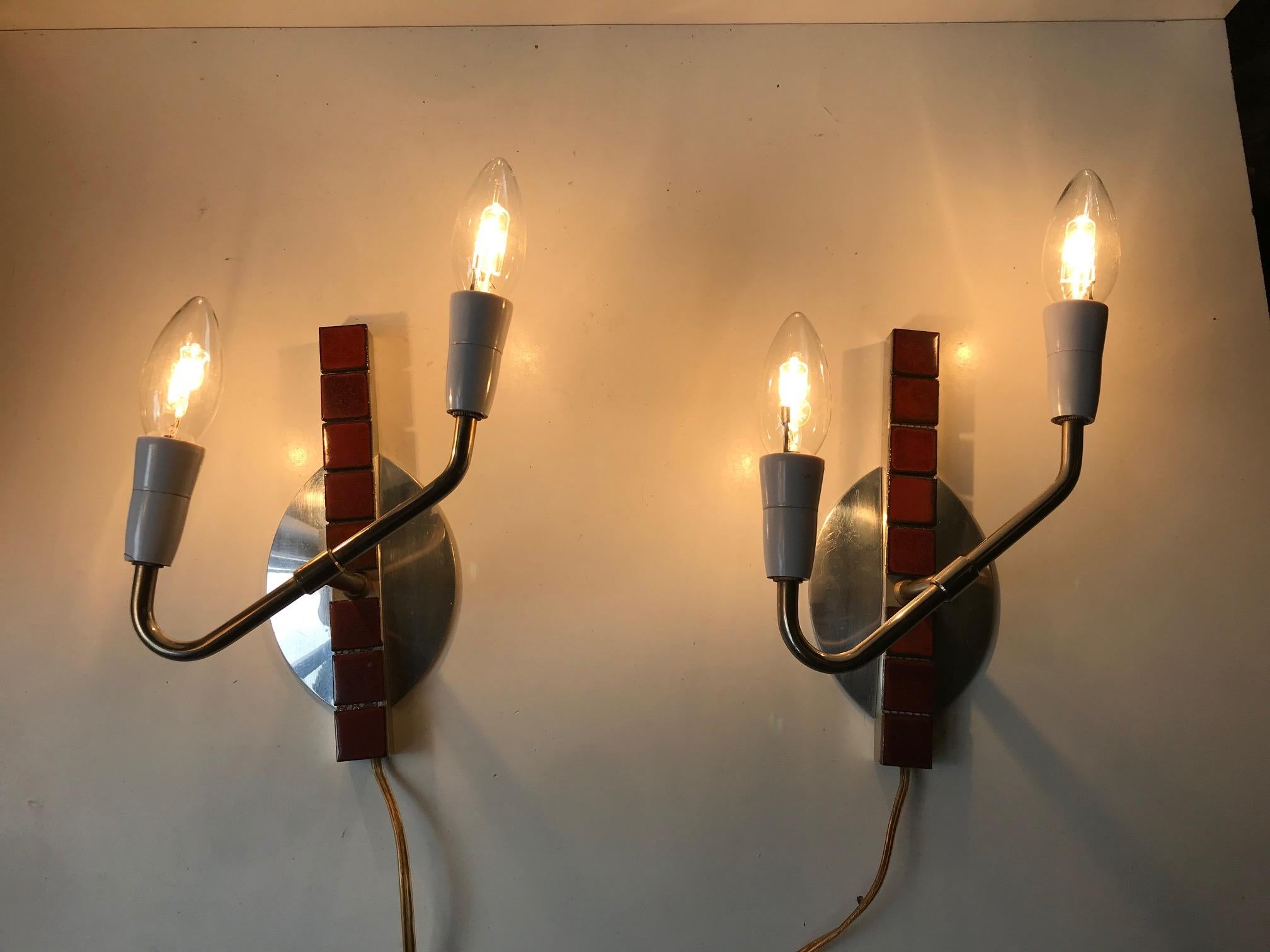 Vintage Danish Polished Aluminium Dual Sconces with Maroon Tiles, 1970s For Sale 2