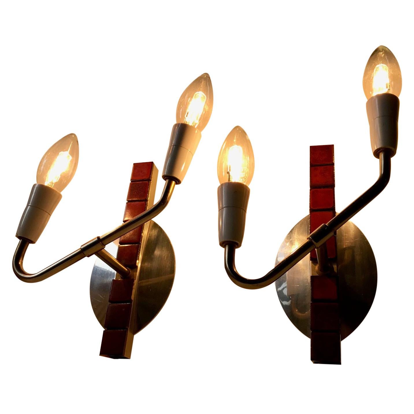Vintage Danish Polished Aluminium Dual Sconces with Maroon Tiles, 1970s For Sale