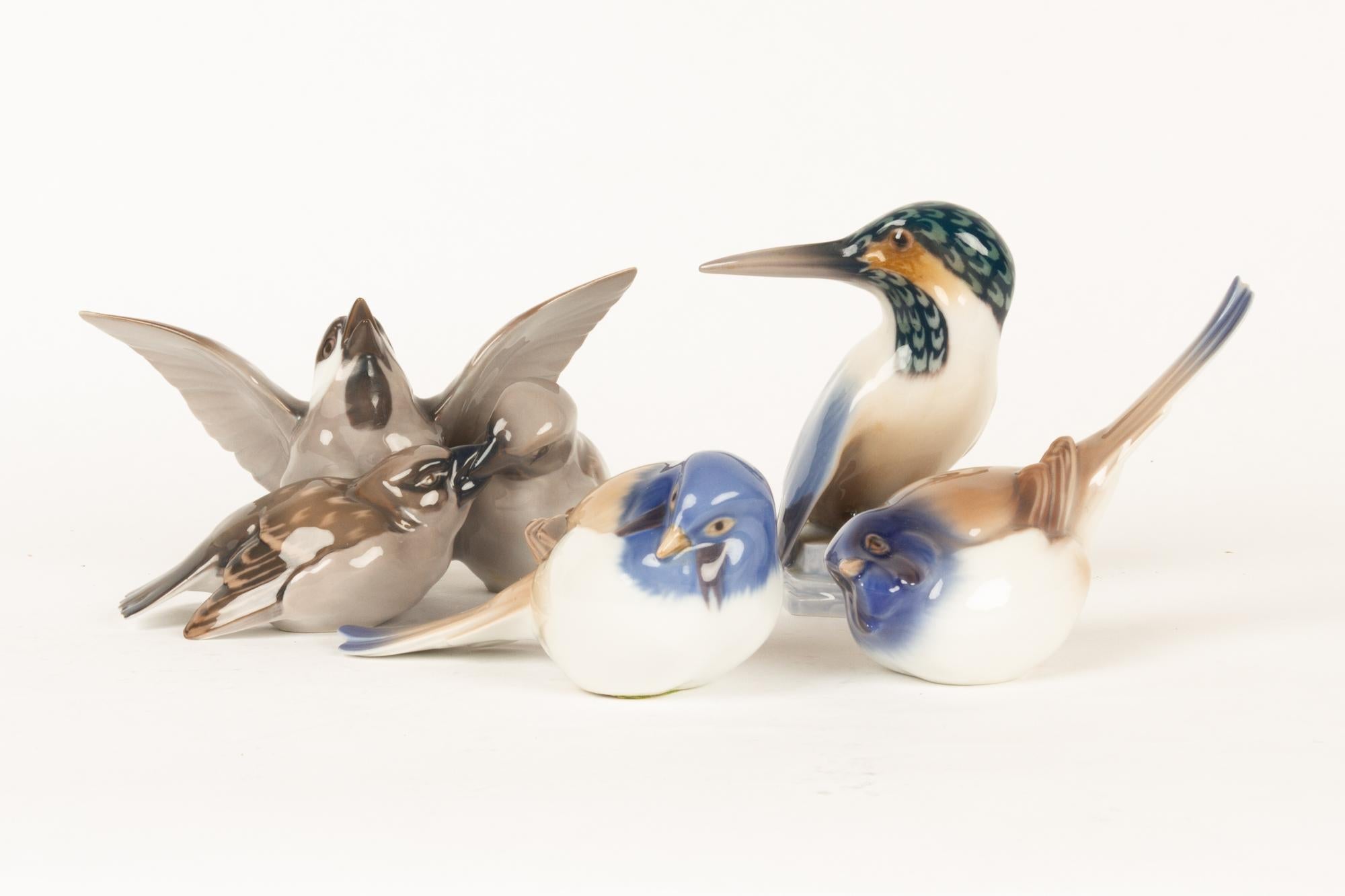 Vintage Danish porcelain bird figurines by Dahl Jensen for Bing & Grøndahl, 1960s.
In this set, designed by Danish sculptor Dahl Jensen, is:
A Kingfisher, height 11 cm, model no. 1619.
A pair of blue tits, height up to 9 cm, model no. 1633 and