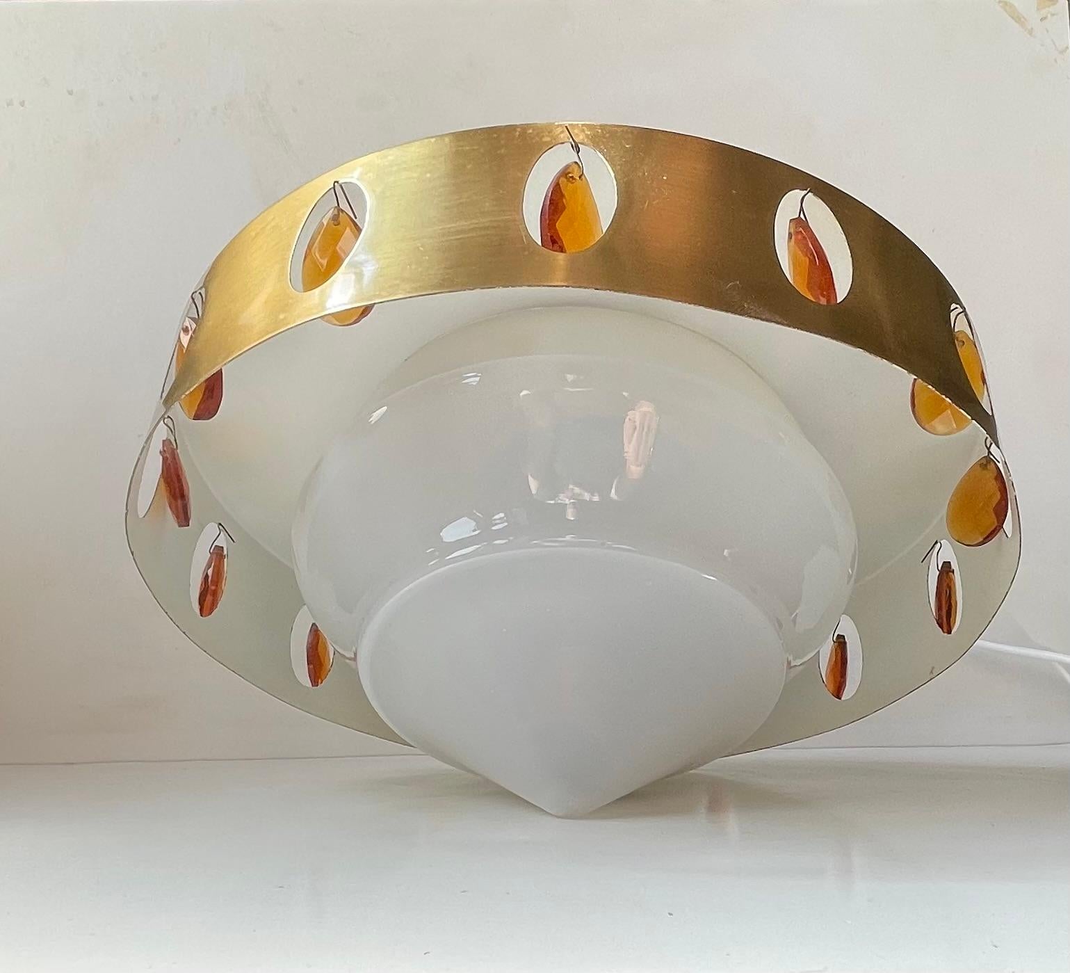 Mid-Century Modern Vintage Danish Prism Hanging Lamp in Opaline Glass and Brass, 1970s For Sale