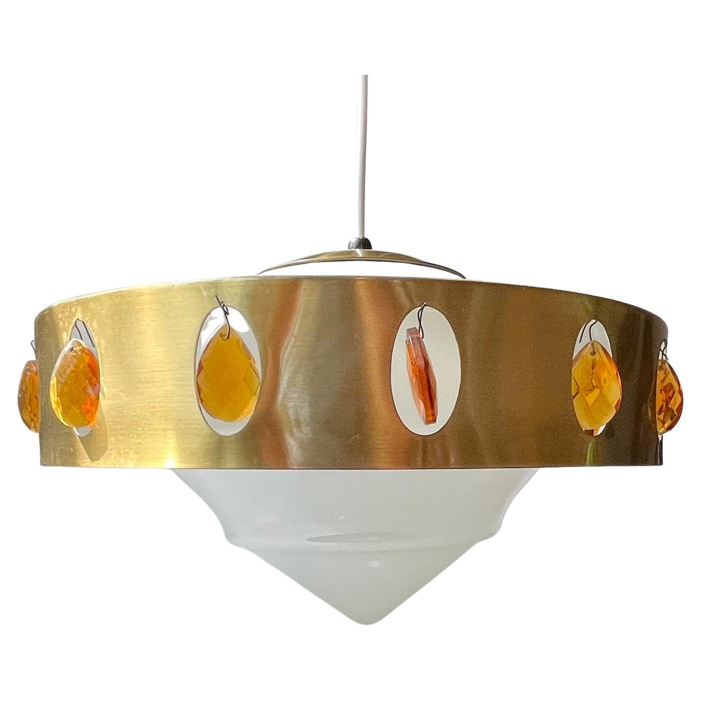 Vintage Danish Prism Hanging Lamp in Opaline Glass and Brass, 1970s For Sale