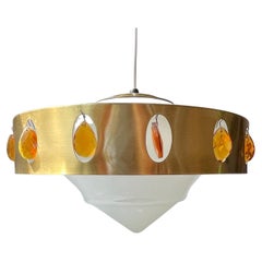 Vintage Danish Prism Hanging Lamp in Opaline Glass and Brass, 1970s