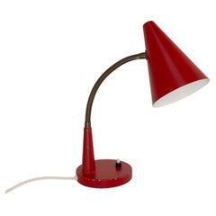 Vintage Danish Red and Brass Flexible Desk Lamp by Lyfa, 1950s.