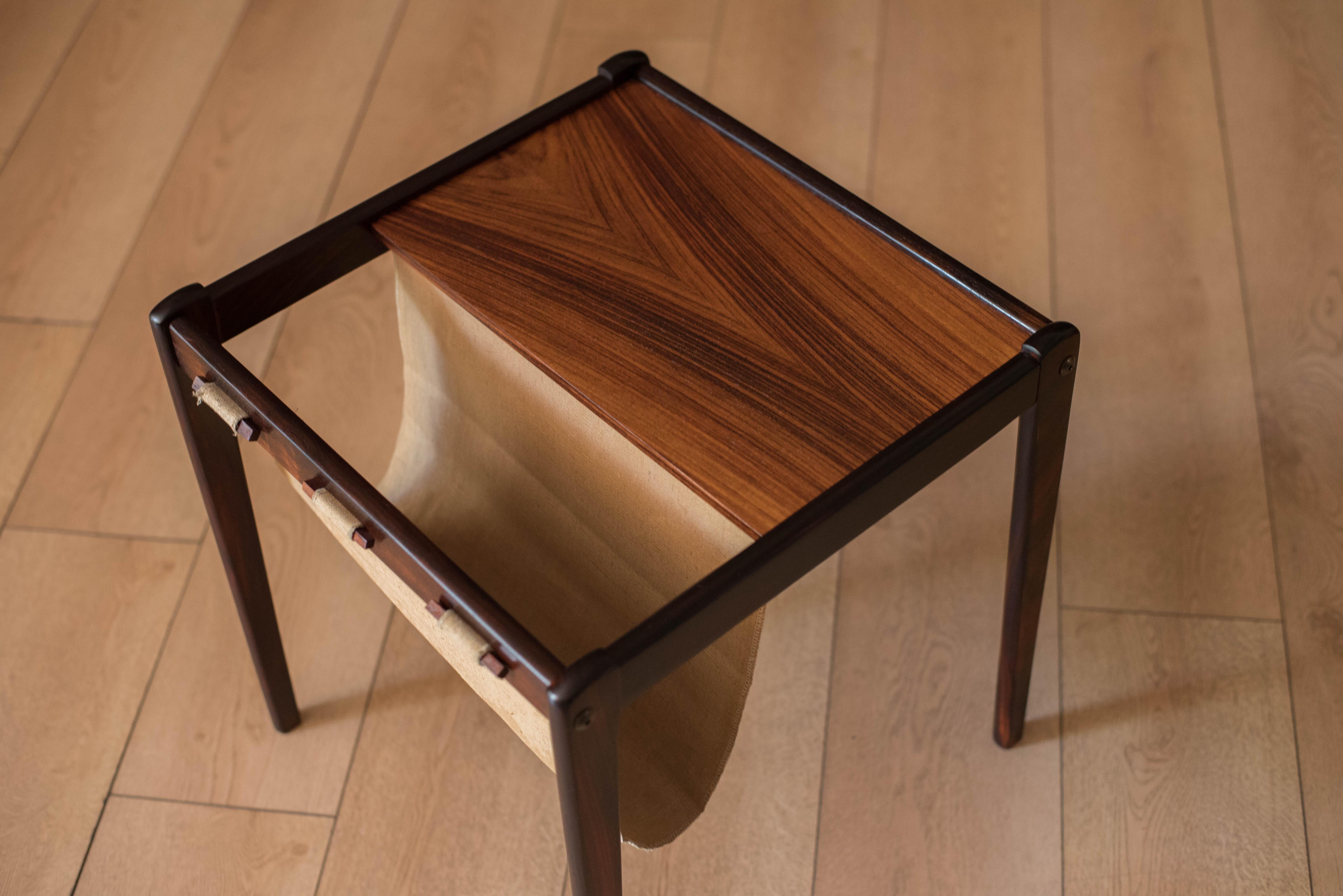 Vintage Danish Rosewood and Canvas Magazine Rack End Table by Bent Silberg In Good Condition In San Jose, CA